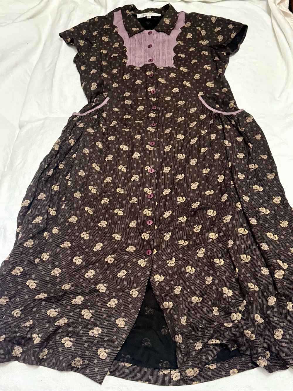 VTG 90s Hopeless Romantic Brown Floral Prairie Midi Dress M Pockets Button Front - Picture 9 of 16